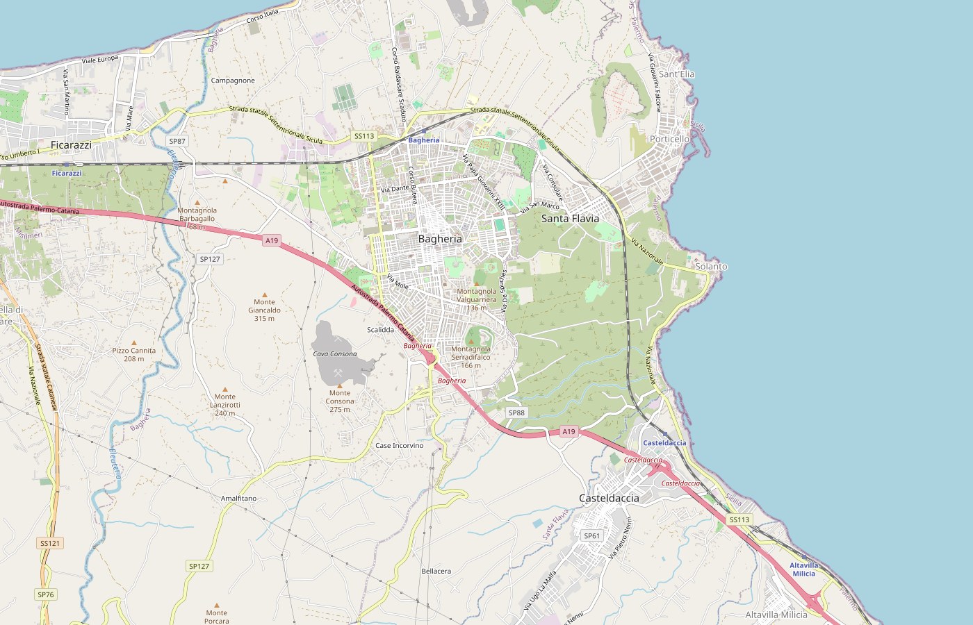 Mappa di Bagheria e della costa, con la posizione della casa